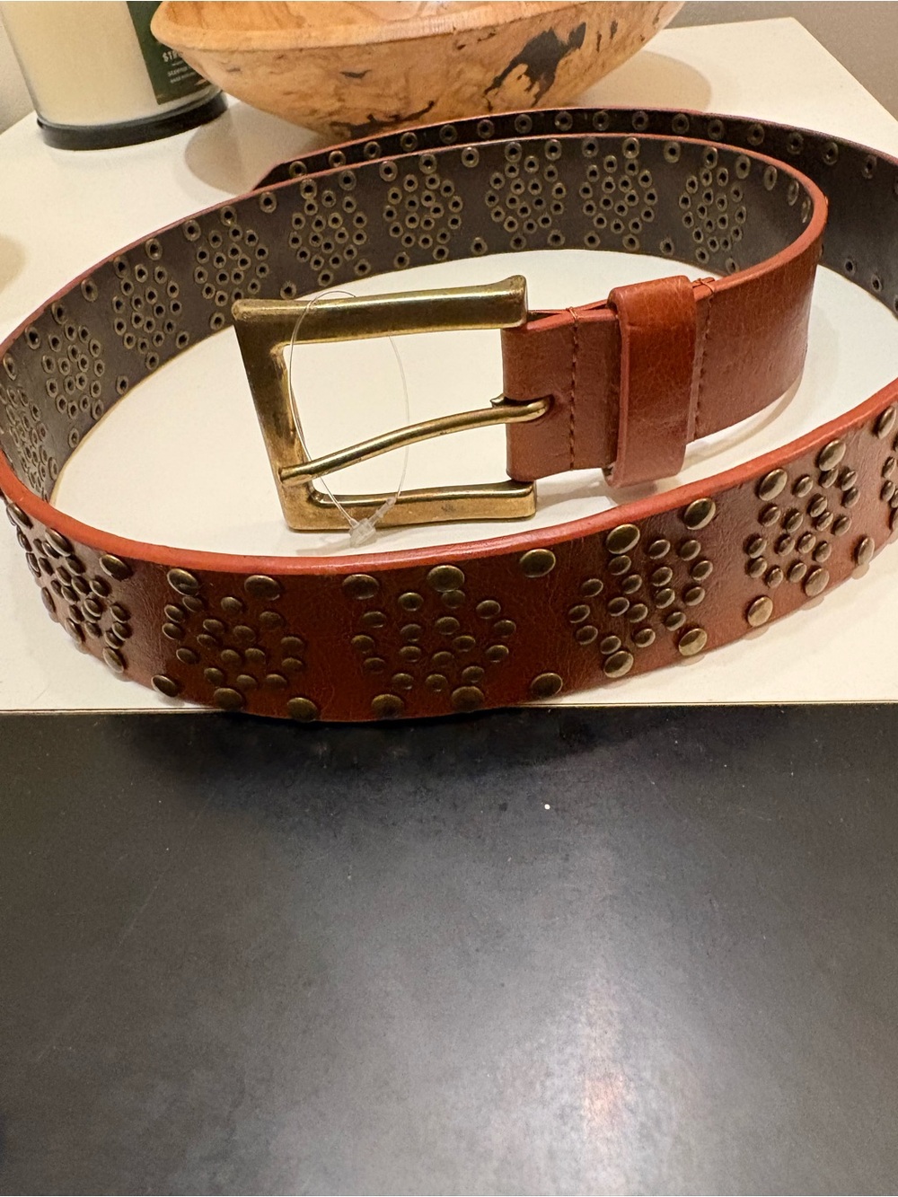Express Brown Leather Studded Belt with Brass Buckle